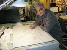 Monte Dolack working on final drawing of the painting.